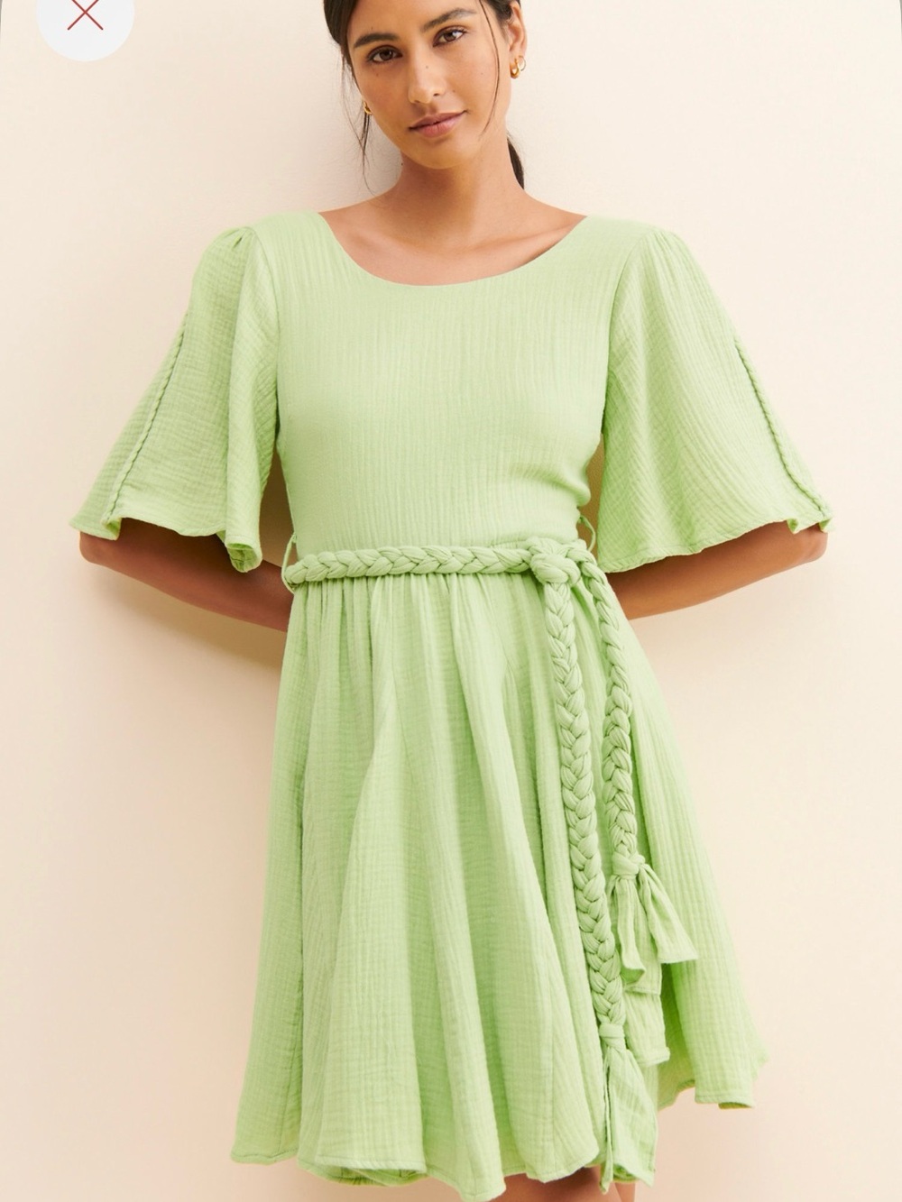 Lime Green Flutter Sleeve Braided-Belt Mini Dress - Picture 2 of 6